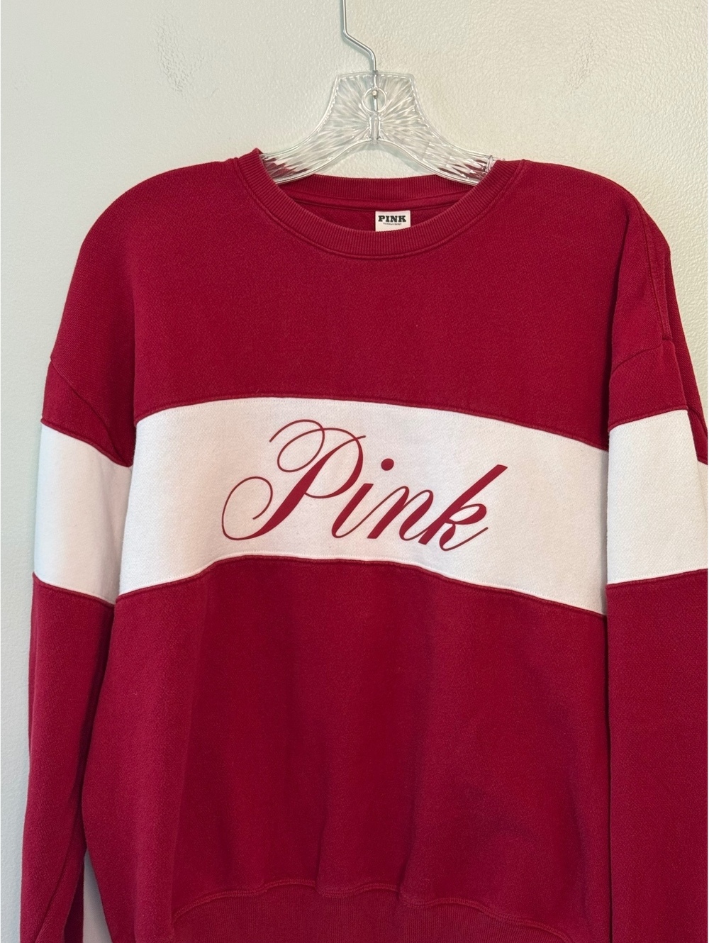 Victoria's Secret PINK Burgundy and White Colorblock Crewneck Sweatshirt Medium